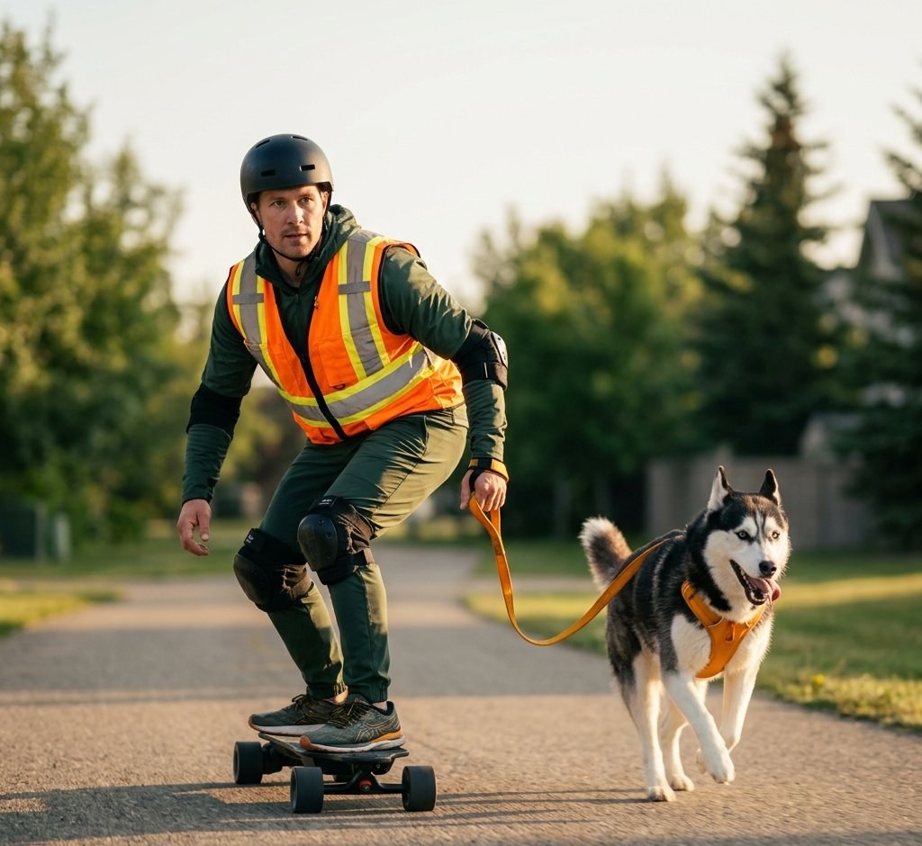 A Full Stride runner on an electric board running alongside a husky in an amber harness on a Beaumont path.